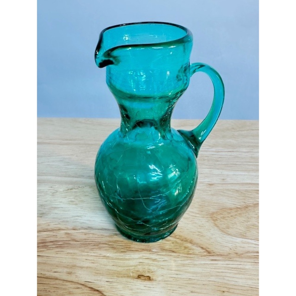 Vintage Teal Crackle Glass Pitcher Small Aqua Blue Green Hand Blown 5"